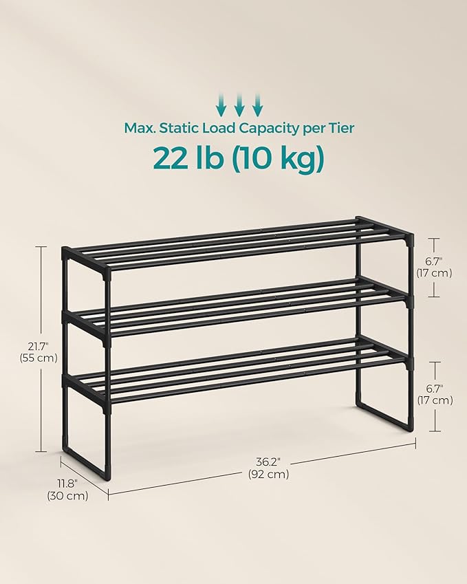 SONGMICS Shoe Rack, 3-Tier Shoe Organizer, Metal Storage Shelf, Upright or Upside Down, for 16-20 Pairs, Stackable, for Entryway, 11.8 x 36.2 x 21.7 Inches, Black ULSA303B02-NeatNest