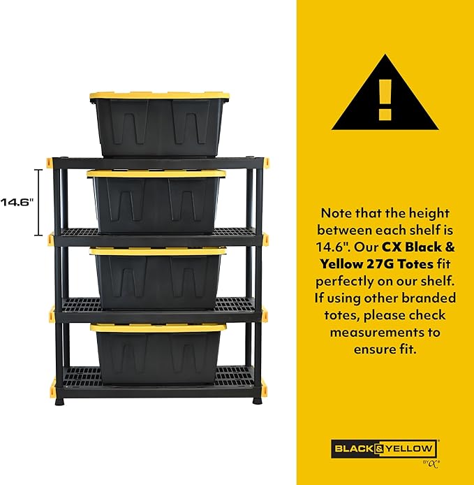 BLACK & YELLOW, 4-Tier Heavy Duty Plastic Storage Shelving Unit, 200lbs/shelf (55"H x 48"W x 20"D), for Indoor/Outdoor Organization, Modular Rack-NeatNest