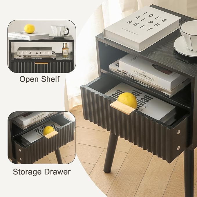 Black Nightstand with Charging Station, Mid Cetury Modern Nightstand with Drawers, Fluted End Side Table with Solid Wood for Bedroom, Dorm and Small Space (Black)-NeatNest