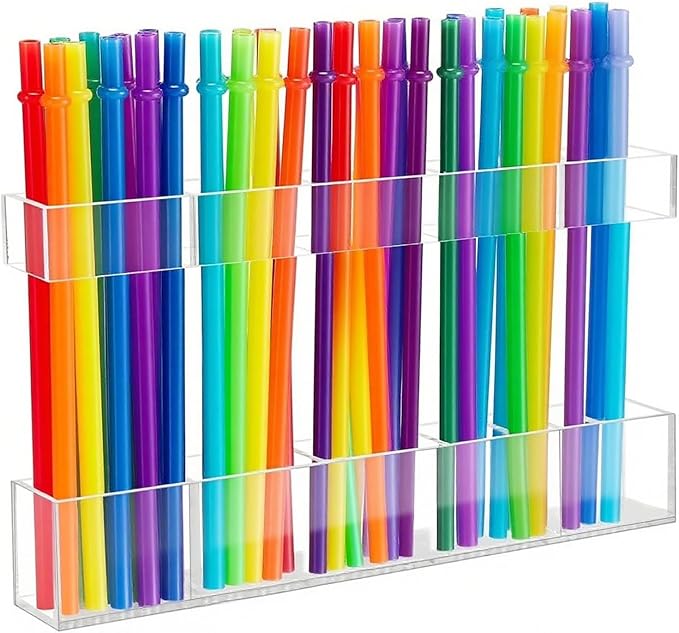 9.8” Acrylic Straw Holder with Double Sided Adhesive Tape Reusable Tumbler Straw Organizer Storage Container for Counter Cabinet Cupboard Kitchen(Large)