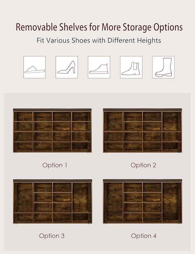 DINZI LVJ Shoe Storage Bench with Cushion, 16-Cubby Shoe Rack, Adjustable Shelves, Multifunctional Shoe Organizer Bench for Entryway, Mudroom, Hallway, Living Room, Bedroom and Garage, Rustic Brown-NeatNest