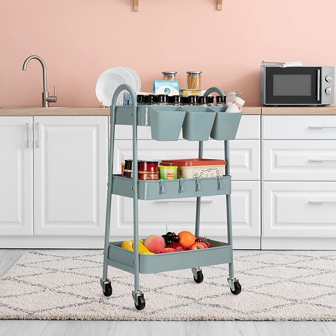 danpinera 3-Tier Rolling Cart, Metal Rolling Storage Cart with Lockable Wheels & Hanging Cups & Hooks, Mobile Trolley Cart for Kitchen, Bathroom, Office, Workshop, Gray Blue-NeatNest