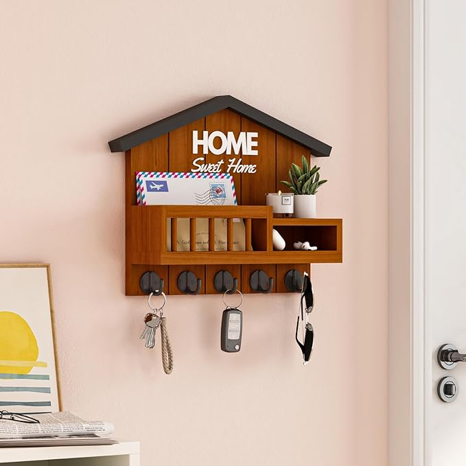 Key and Mail Holder for Wall, Wall Key Holder with Shelf, Home Key Holder for Wall, Wood Key Holder Wall Mount, Mail Organizer Wall Mounted, Entryway & Front Door Key Holder with 5 Hooks(Brown)