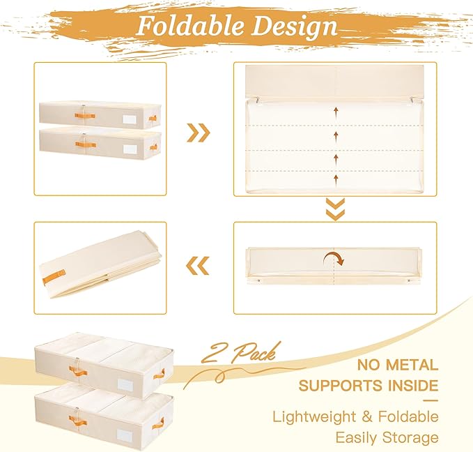 Criusia Under Bed Storage Bins with Clear PVC Lids – 2 Pack Large Underbed Organizers with Heavy-Duty Handles, Reinforced with 800G PP Panels & 80G Non-Woven Fabric – Waterproof & Foldable, Beige-NeatNest