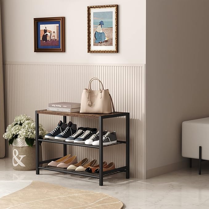 HOMEFORT 3-Tier Shoe Rack, Shoe Storage Shelf, Industrial Shoe Tower, Narrow Shoe Organizer for Closet Entryway, Small Shoe Rack Table with Durable Metal Shelves, Rustic Brown-NeatNest