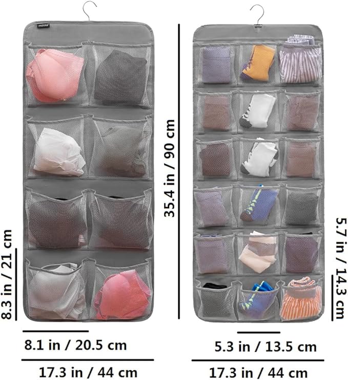 Dual-Sided Hanging Closet Organizer for Socks Underwear Bra Kids Storage Organizer for Baby Clothes Toddler Shoes with 26 Pockets (Grey-Mesh Pockets)-NeatNest