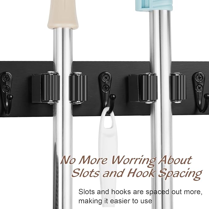 2 Pack Black Mop Broom Holder Wall Mount - Wood Broom Mop Hanger - Wall Mounted Garden Tool Rack Organizer for Closet Garage Laundry Room, 4 Slots & 4 Hooks-NeatNest