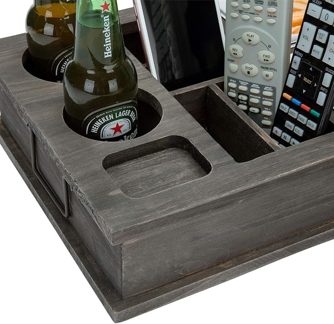 MyGift Vintage Gray Wood Beverage and Snack Server with Remote Control Holder for Living Room, Coffee Table, Caddy for Snacks, Drinks, Remote Control Organizer, TV Tray-NeatNest