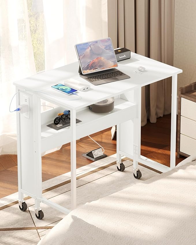 31.5" Modern White Folding Computer Desk with Power Outlets, Wheels, Storage, Perfect for Small Spaces White TDN01UWB-NeatNest