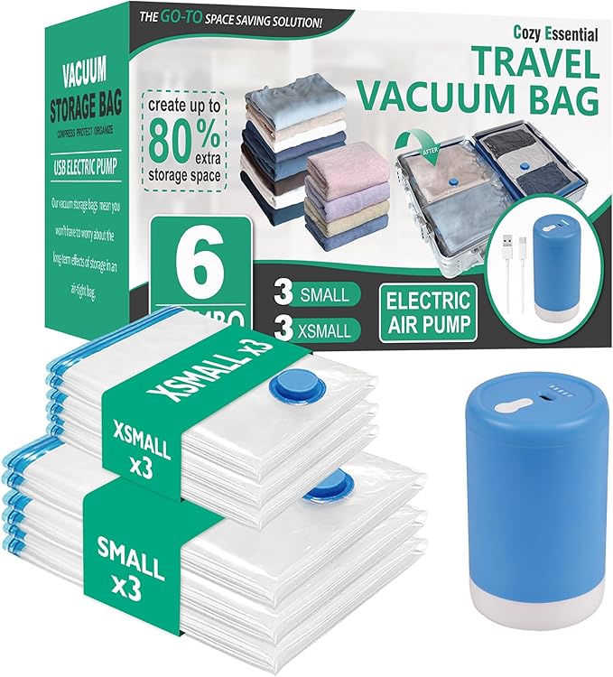 Cozy Essential Travel Vacuum Bags with Electric Pump, 6 Pack Vacuum Travel Bags for Luggage and Suitcase, Vacuum Seal Space Saver Compression for Clothes Clothing-NeatNest