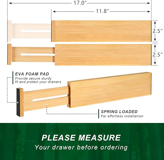 4 Pack Bamboo Drawer Dividers, Adjustable Length from 12 Inch to 17 Inch, Expandable Kitchen Drawer Organizer, Drawer Organization Separators for Clothes, Kitchen, Bedroom, Dresser, Office (Beige)-NeatNest