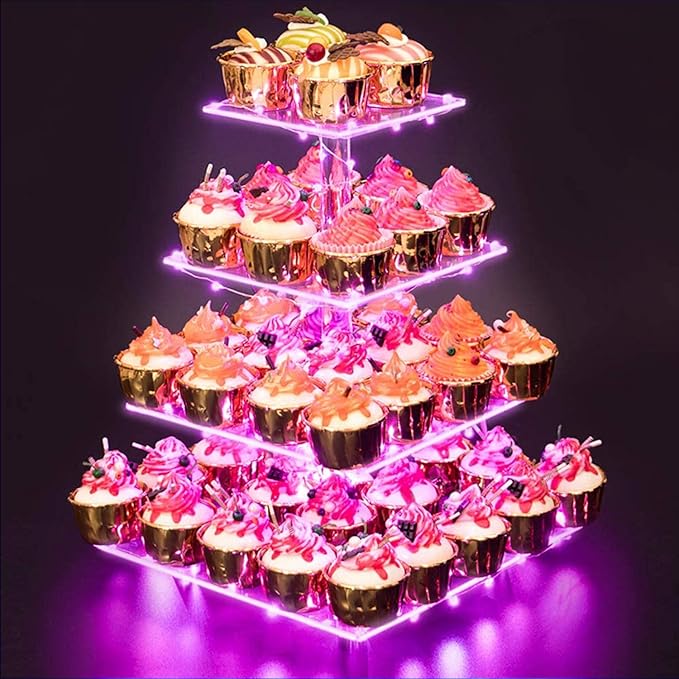 Cupcake Stand – Premium Cupcake Holder – Cady Bar Party Décor – 4 Tier Acrylic Tower Display for Pastry + LED Light String – Ideal for Weddings, Birthday (Pink Light)-NeatNest