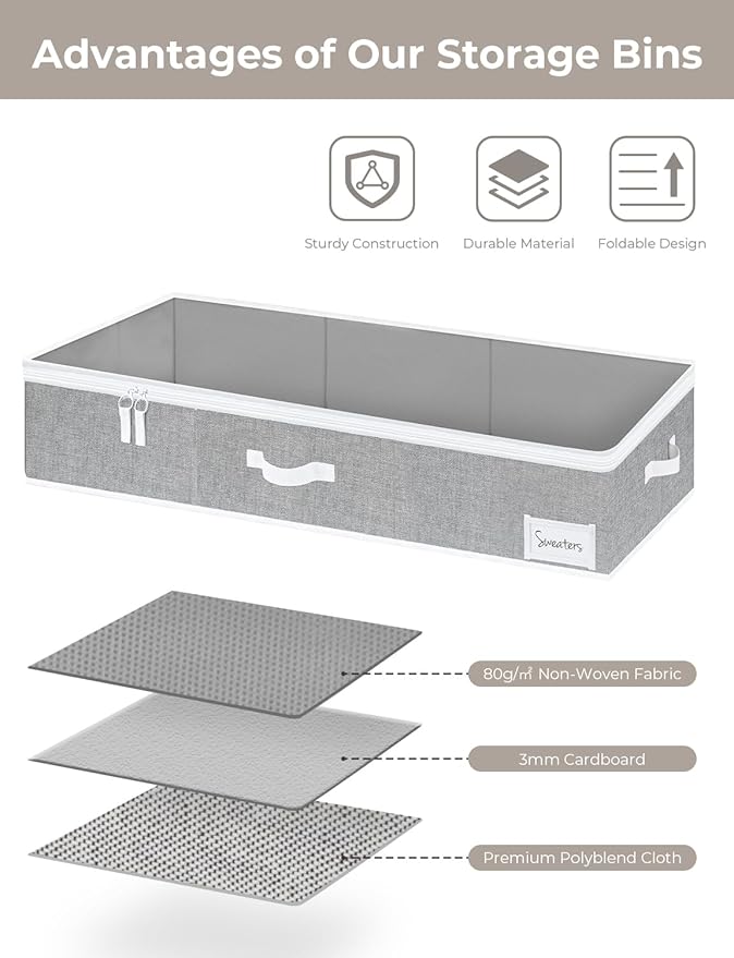 StorageWorks Under Bed Storage Containers with Handles and Label Holder, 2 Pack Ultra-thick Fabric Underbed Bins, Closet Organizer for Clothes, Blankets, Sweater-NeatNest