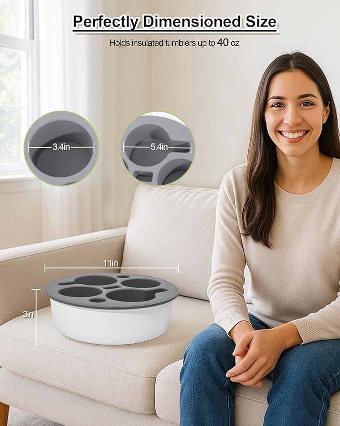 Round 7-in-1 Bed & Couch Cup Holder Tray,Waterproof Silicone Sofa and Bed Organizer Caddy,Large Capacity Couch Drink Holder Caddy for Remote Control Drinks, Snacks, Cell Phones, Headphones-NeatNest