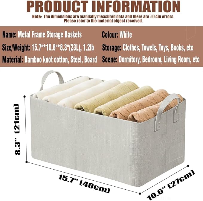 AARAINBOW 4 Pcs Closet Clothes Organizer with Handle, Fabric Storage Box with Steel Frame Stackable Shelf Storage Baskets Foldable Fabric Storage Baskets for Organizing Clothes Toys, 23L (B 4 White)-NeatNest