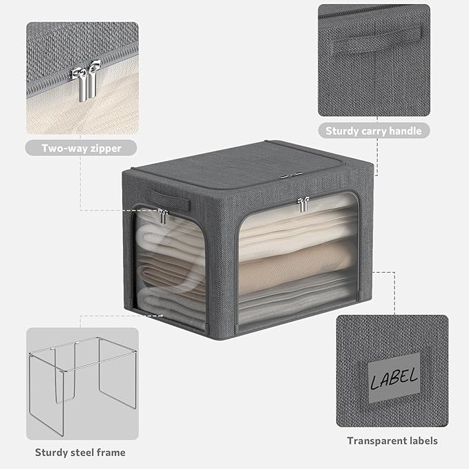 3 Openings Clothes Storage Bins Box - 3Pack Stackable Foldable Bin With Metal Frame - Clothing Organizer With Clear Window, Carry Handles (36L-15.7x11.8x11.8in, Dark Grey)-NeatNest