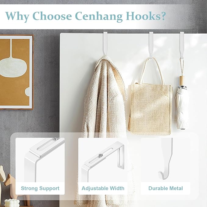 5 Pcs Adjustable Over The Door Hooks, Premium Metal Hooks for Hanging, Door Coat Hangers, Cubicle Hook Fit 1 3/8" to 3 1/2" Longer Panels Heavy Duty Towel Hooks for Coat, Towels, Wreath,White