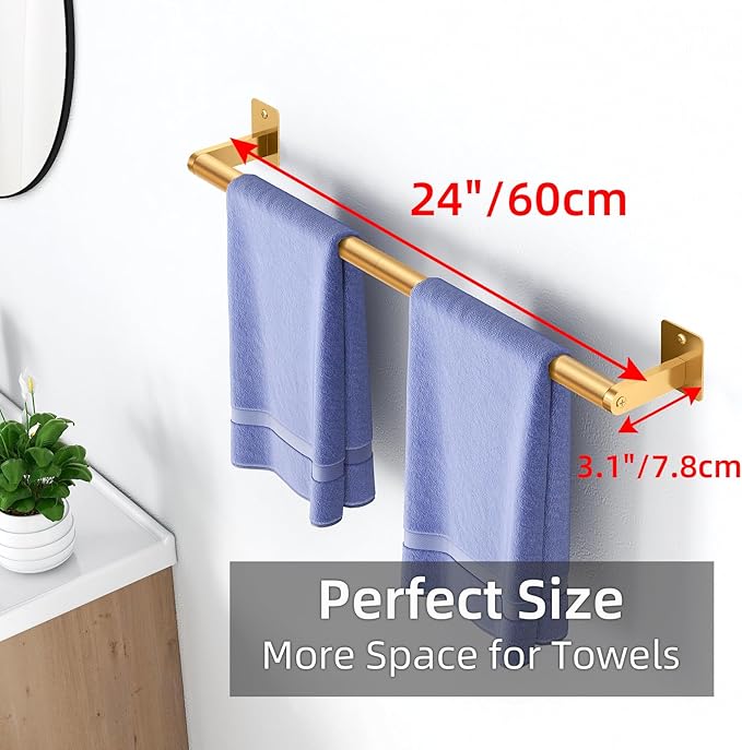 Bathroom Towel Bar, 24 Inch Towel Racks for Bathroom Wall Mounted, Heavy Duty Bath Hand Towel Holder Organizer, Modern Home Decor Towel Rod Bathroom Hardware Accessories, Gold