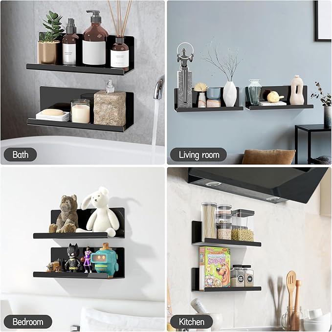 Acrylic Floating Shelves for Wall No Drilling, Self Adhesive Space-Saving Shelves, 12 Inch Floating Shelf Stick on Wall Shelf, for Bathroom, Kitchen, Bedroom, Office, Gaming Room, Black-NeatNest