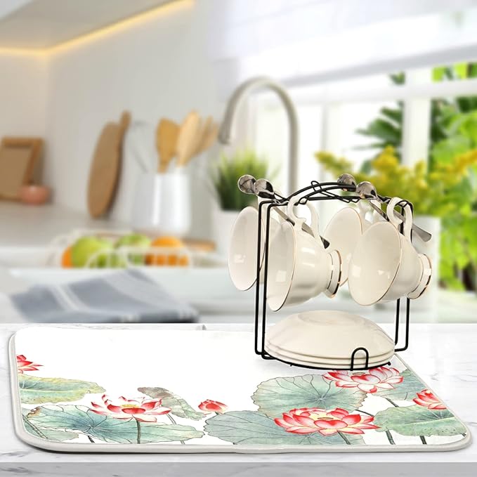 Absorbent Dish Drying Mat for Kitchen Counter - Watercolor Lotus Microfiber Drying Pad, Reversible Drainer Mats for Countertop, Small 16" x 18"