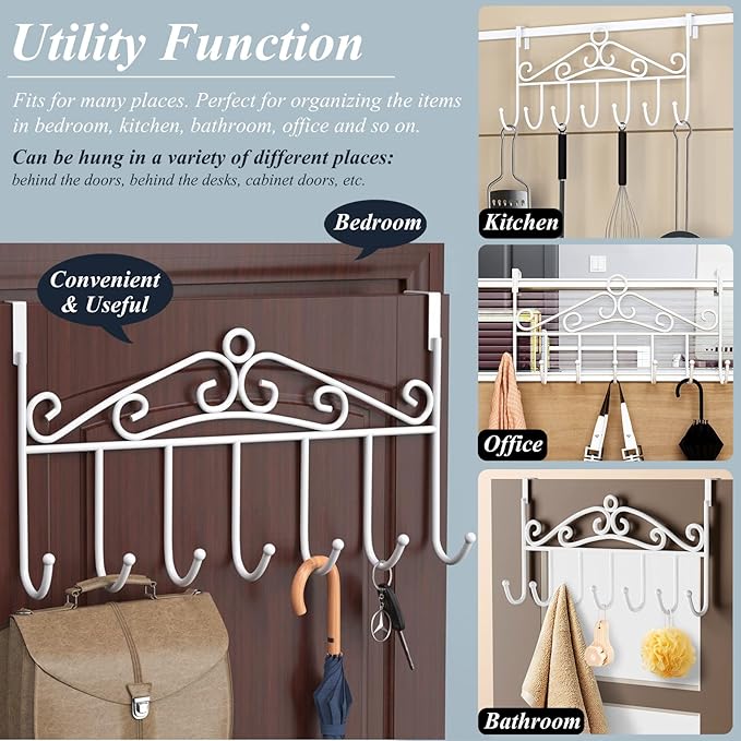 Over The Door Hook Coat Rack & Towel Rack - 7 Hooks, Bathroom Door Hooks, Clothes & Belt Hanger, White