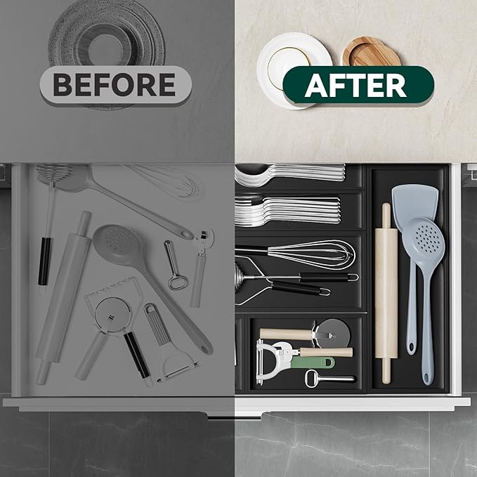 Bamboo Drawer Organizer, Narrow Silverware Organizer for Kitchen, Stackable Utensil Organizer, 2 Pcs Flatware Organizer, Wooden Storage Box Tray (Black, 12 X 3 X 2 Inch)-NeatNest