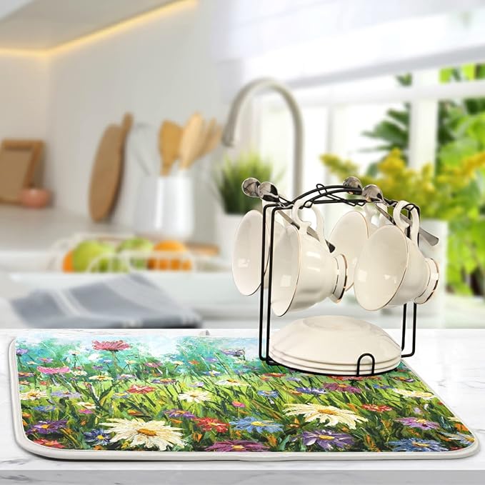 Absorbent Dish Drying Mat for Kitchen Counter - Oil Painting Flowers Microfiber Drying Pad, Reversible Drainer Mats for Countertop, Large 18" x 24"