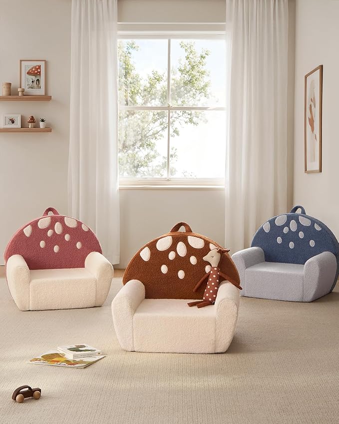 Blissful Diary Toddler Chair Comfy, Foam Kids Chair with Soft Teddy Plush, Toddler Reading Armchair with Cute Mushroom Designs- Brown-NeatNest