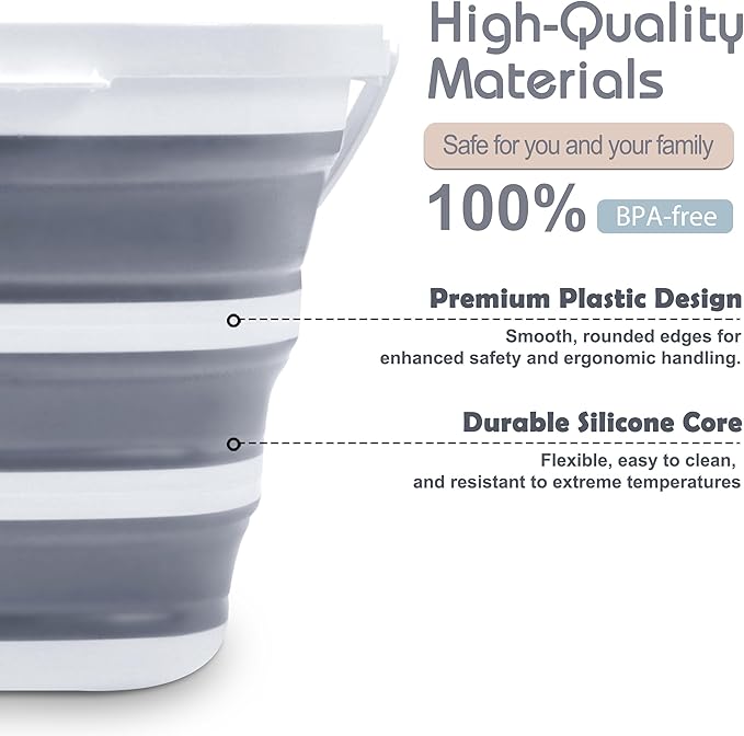 Collapsible Bucket, 2.6 Gallon (10L) - Square Foldable Mop Bucket for House Cleaning, Car Washing, Camping - Portable Water Pail for Outdoor, RV, Travel (Grey)-NeatNest