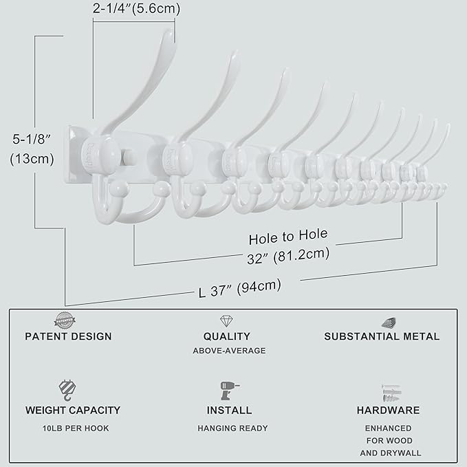 Dseap MaxStrong 2.0 Coat Rack Wall - 37” Long 10 Tri Hooks - Ultra Heavy-Duty Stainless Steel Wall Mount Coat Hanger, Hook Rail for Clothes Hats Jacket Towels White, Pack of 2