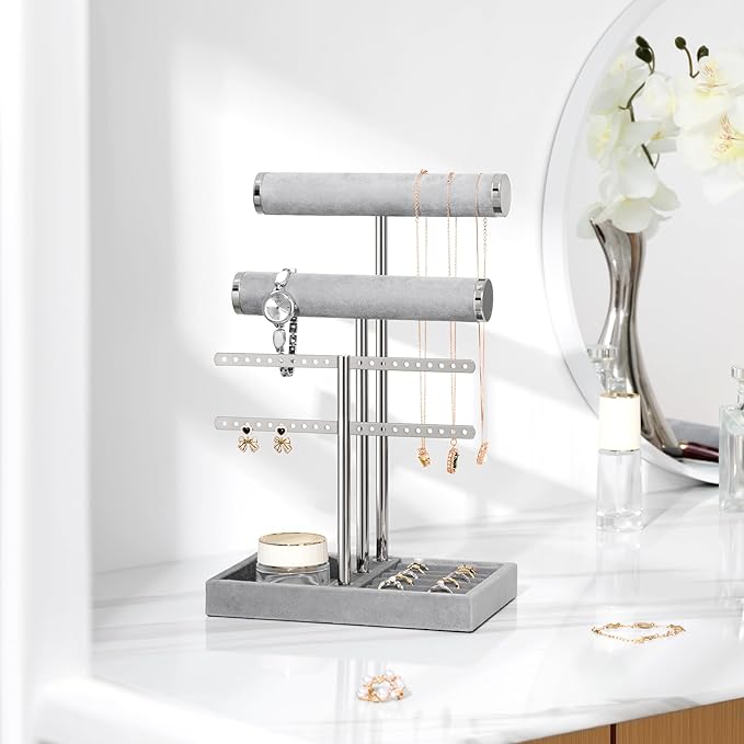 3 Tier Bracelet Holder Display - Detachable T Bar Grey Velvet Bracelet Holder, Jewelry Holder Organizer for Bracelet, Necklace, Earrings, Rings