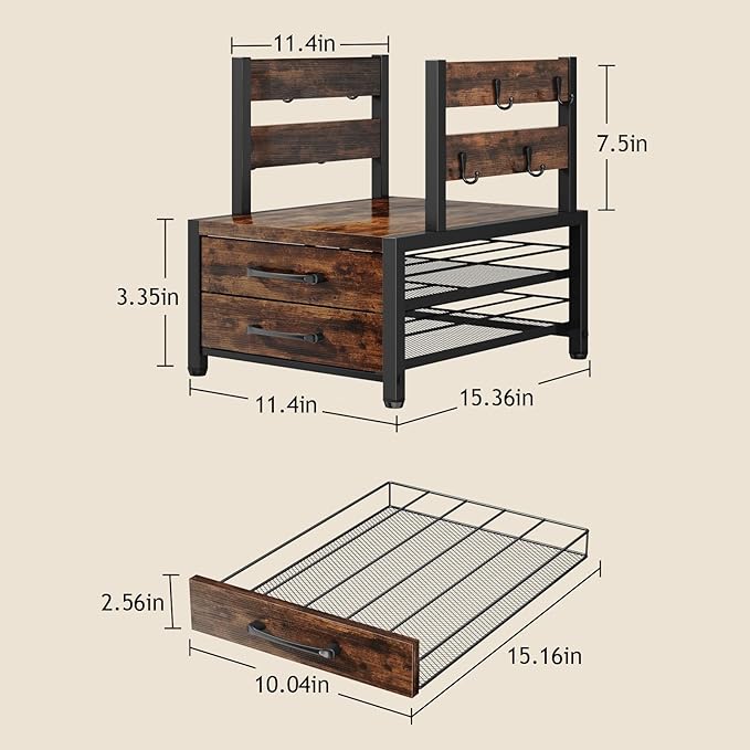 K Cup Holder Drawer - K Cup Storage Organizer, Coffee Pod Drawer with Hooks, Durable Iron-Wood Design, Space-Saving Coffee Station Organizer for Kitchen Counter-NeatNest