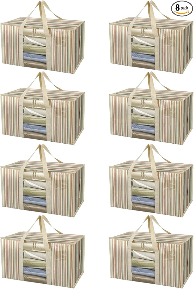 BALEINE 8-Pack Oversized Moving Bags with Reinforced Handles, Heavy-Duty Storage Tote for Clothes, Moving Supplies (Color Stripe with Window, 8-Pack)-NeatNest