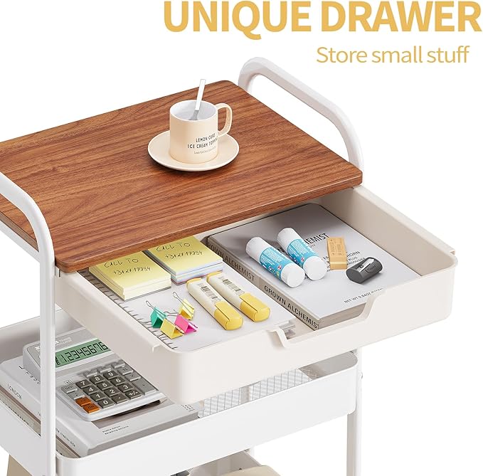 TOOLF 3-Tier Metal Utility Rolling Cart with Drawer & Wooden Table Top, Storage Cart White Trolley Kitchen Organizer Rolling Desk with Locking Wheels for Office, Classroom, Dorm, Bedroom-NeatNest
