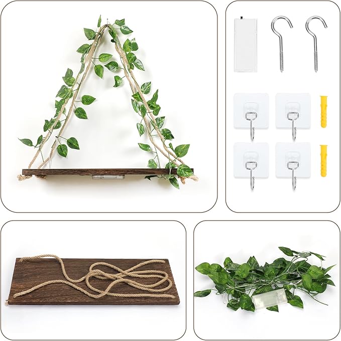 Floating Shelves for Wall No Drilling,Wall Dcorations Art,Hanging Shelf,Leaves and Light Strip with Flower,Set of 2 Plant Decor for Home House Livingroom Bedroom Officer,Boho Decor,Gifts for Woman-NeatNest
