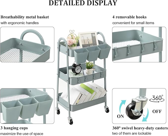 danpinera 3-Tier Rolling Cart, Metal Rolling Storage Cart with Lockable Wheels & Hanging Cups & Hooks, Mobile Trolley Cart for Kitchen, Bathroom, Office, Workshop, Gray Blue-NeatNest