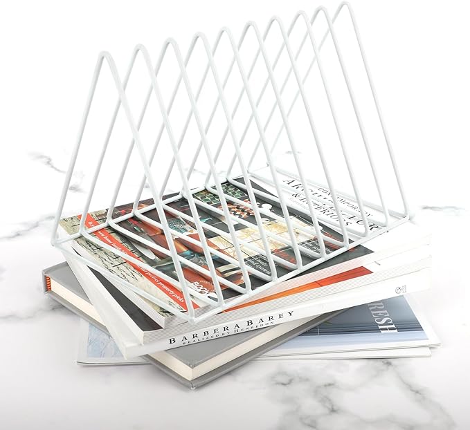 EASEPRES Vinyl Record Holder Storage, 9 Slot Metal Magazine Book Album Display Rack, Stylish Triangle Desktop File Sorter Organizer for Home Office, White Pack of 2