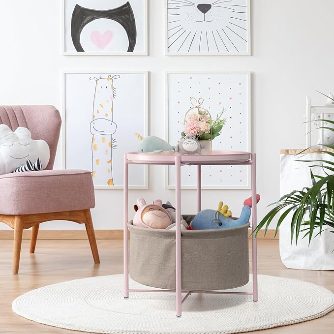 danpinera Round Side Table with Fabric Storage Basket, Metal Side Table Small Bedside Nightstand with Removable Tray Top for Living Room, Bedroom, Nursery, Laundry, Light Pink-NeatNest