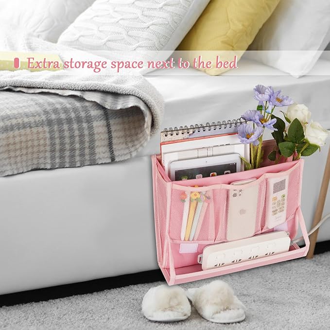 Bedside Caddy Bedside Storage Organizer Bedside Organizer with Power Strip Holder and 2 Adjustable Straps for Home Bunk Bed Dorm Sofa (Pink)-NeatNest