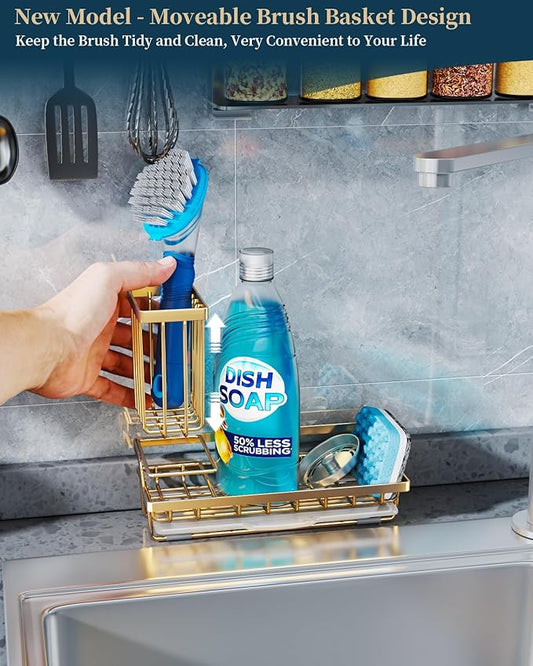 Consumest Sink Caddy, Kitchen Sponge Holder with Dish Brush Holder, Kitchen Sink Organizer with Drip Tray for Countertop, Stainless Steel Rustproof - Gold-NeatNest