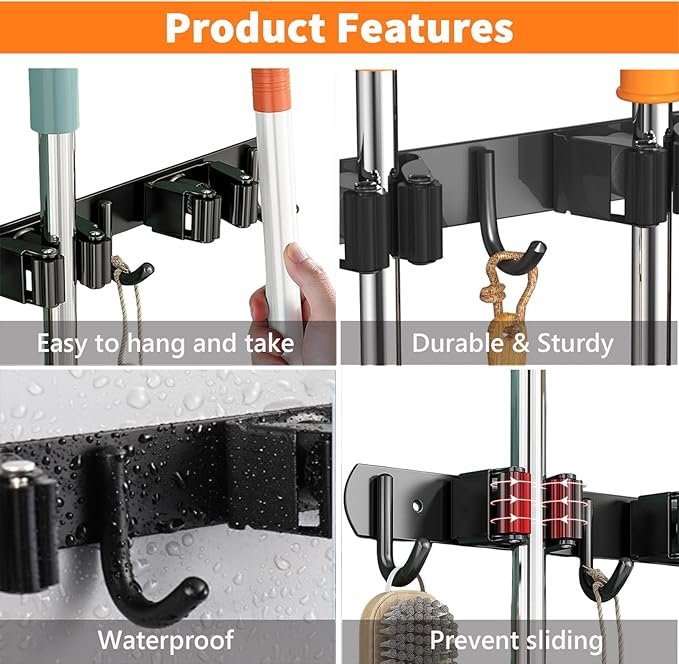 2 Pack Mop and Broom Holder Wall Mount, Non-slip Broom Hanger Wall Mount, Heavy Duty Mop Broom Organizer for Kitchen Garden Garage Laundry Room Wall Decor Organization and Storage Black 4R5H-NeatNest