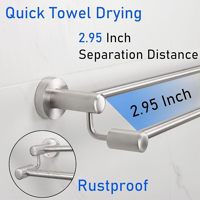 TocTen Double Bath Towel Bar - Thicken SUS304 Stainless Steel Towel Rack for Bathroom, Bathroom Accessories Double Towel Rod Heavy Duty Wall Mounted Towel Holder (Brushed,24IN)