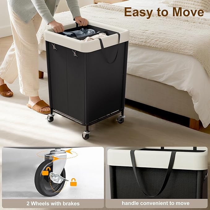 WOWLIVE 160L Rolling Laundry Hamper with Wheels, Heavy Duty Laundry Basket, Large Laundry Cart with Steel Frame and Removable Bag, Dirty Clothes Hamper for Home, Closet, Dorm, Bathroom, Black