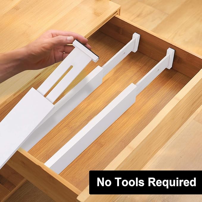 Bamboo Drawer Dividers Organizers, Kitchen Drawer Organizer, Adjustable Drawer Divider for Clothes, Kitchen, Dresser, Bedroom, Bathroom and Office, 4-Pack (White, 12-17 IN)-NeatNest