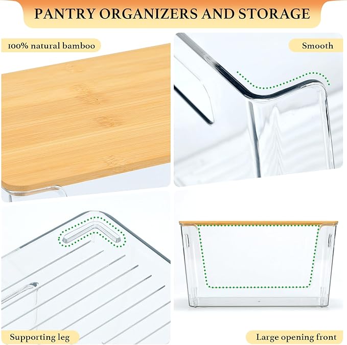 6 Pack Clear Stackable Storage Bins with Bamboo Lids, Plastic Storage Containers with Handle for Pantry, Bathroom, Kitchen, Closet, Cabinet, Fridge Organizer and Storage