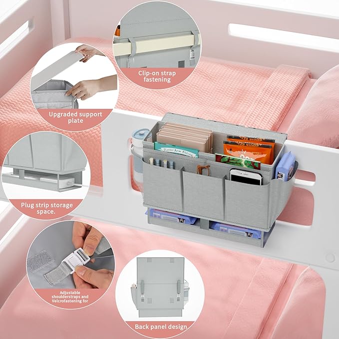 Bedside Caddy, Bed Organizer with 11 Pockets and Power Strip Holder,Versatile Bedside Storage Caddy for Home,Dorm,Bunk,Hospital,Crib Bed (Grey)-NeatNest