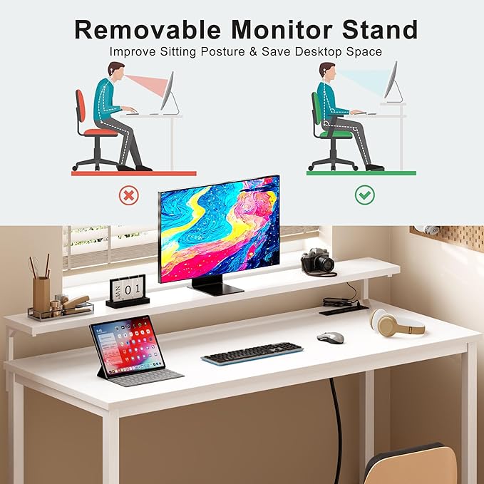 Need 60 inch Computer Desk with LED Lights & Power Outlets, Large Home Desk with Monitor Shelf, Writing Table Gaming Desk Home Office Desk, White-NeatNest
