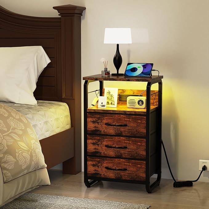 Bed Side Table with 3 Fabric Drawers, Night Stand with Charging Station, LED Nightstand with Hooks, Bedside Table End Table with Storage, Night Table for Living Room, Bedroom (Rustic Brown)-NeatNest