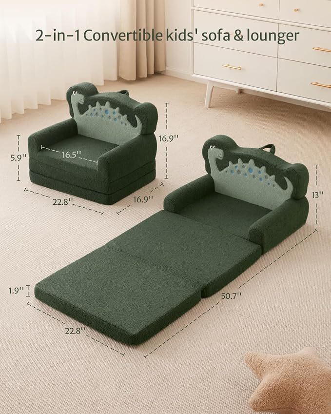 Blissful Diary Kids Couch, 2-in-1 Soft Toddler Couch Fold Out, Toddler Chair Comfy, Convertible Sofa to Lounger, Kids Furniture for Playroom, Gift for Birthday, Children's Day, Green Dinosaur-NeatNest