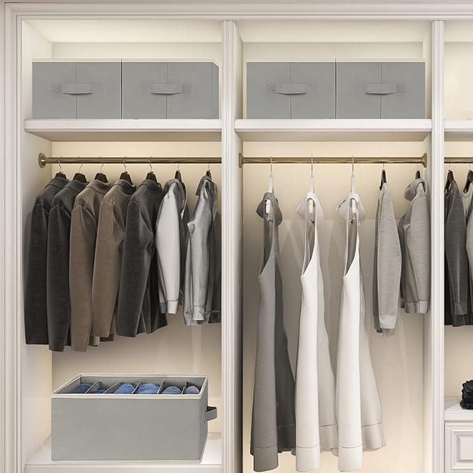 3 Pcs Large Size Wardrobe Clothes Organizers 6 Grids for Pants, Jeans, Sweater, T-shirt, Thin Coat, Dress Stackable Closet Drawer Organizer Storage Bin Container with Sturdy Handles, Grey-NeatNest